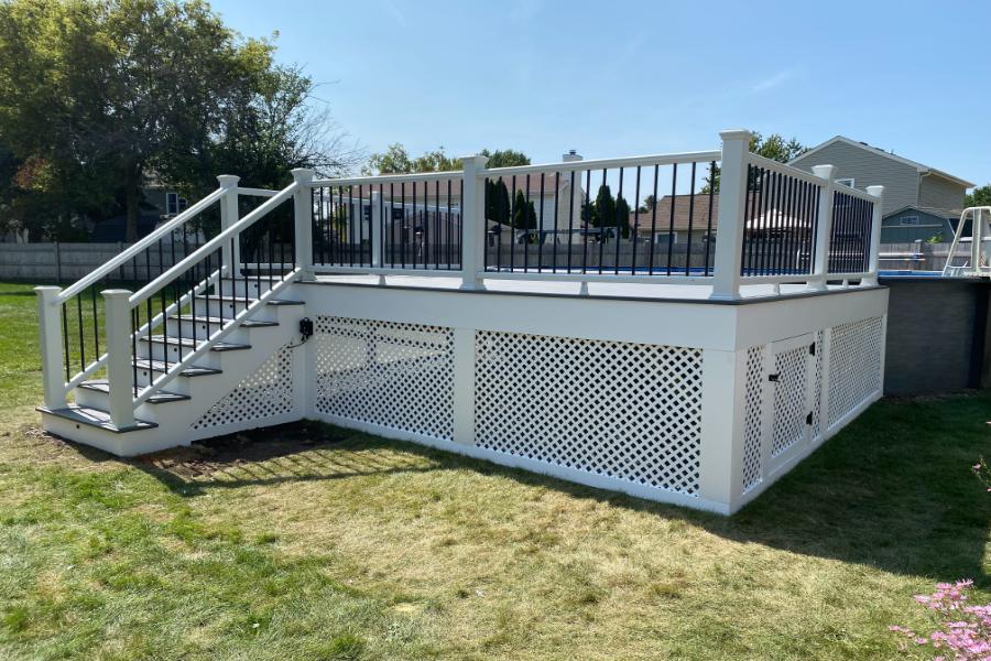 Trex® Deck Lineage Island Mist Pool Deck with White Lattice and White Azek Fascia McHenry