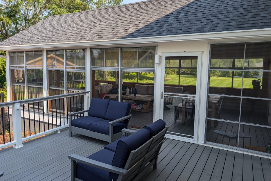 Trex® Transcend Lineage Island Mist Deck Outside Screen Room with Sunspace Windows in McHenry